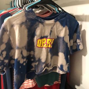 Cropped Blue and White Tye Die Obey shirt